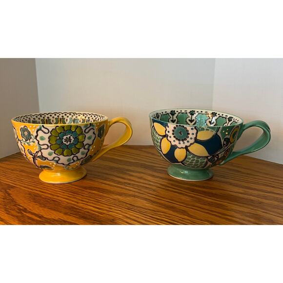 Anthropologie Elka Ayaka Floral Twisted Handle Footed Tea Cups Set of 2 - Picture 2 of 10